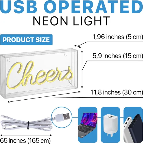 Miniatura 5 de JONATHAN Y Luz de neón LED amarilla "Cheers" de 11.8 pulgadas de ancho x 5.9 pulgadas de alto, operada por USB, amarillo, 147 lúmenes, caja acrílica