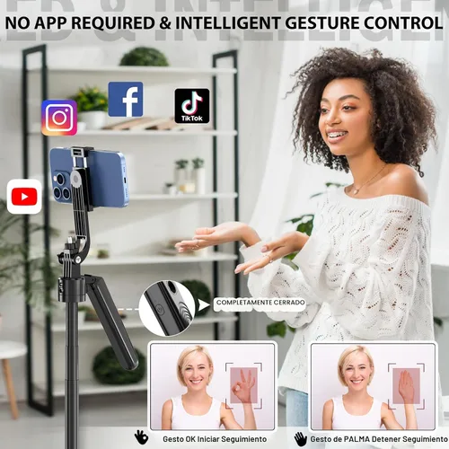 Miniatura 6 de Trípode de seguimiento facial automático con rotación de 360 grados con soporte, soporte para trípode Android y iPhone con control remoto y gestos