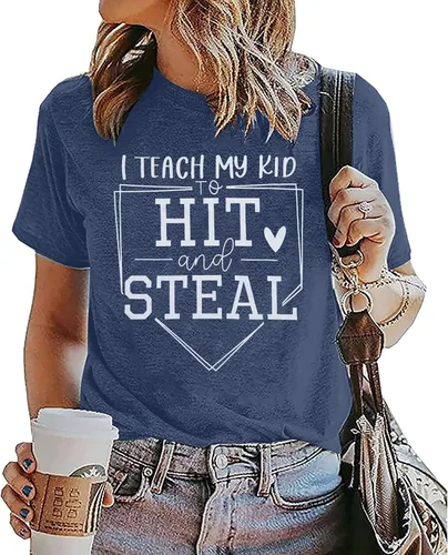 Miniatura 2 de VILOVE Camiseta de béisbol con texto en inglés "I Teach My Kids to Hit and Steal", camiseta de béisbol para mamá, camiseta de béisbol con corazón