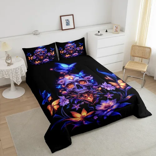 Miniatura 4 de Erosebridal Juego de ropa de cama de calavera gótica, flores mandala, mariposa hippie para niñas y niños, edredón de esqueleto de la muerte de Negro