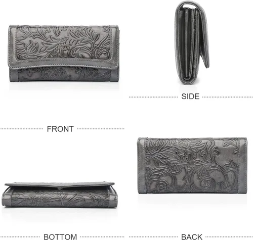 Miniatura 14 de MEITRUE Cartera de cuero para mujer, con bloqueo RFID, triple pliegue, con relieve, soporte para tarjetas, organizador de chequera para teléfono