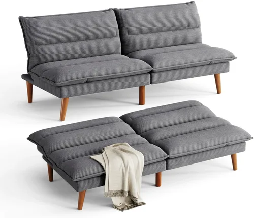 Miniatura 8 de LINSY Sofá cama futón de pana de 71 pulgadas con respaldo ajustable, futones plegables convertibles para espacios pequeños, salas de estar, Beige