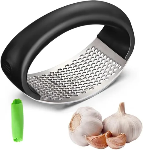 Prensa de ajo de acero inoxidable – Trituradora de ajo manual mejorada, hogar y cocina (1, negro)