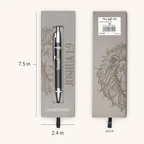 Miniatura 2 de Christian Art Gifts Clip de escritura de las Escrituras Medium de bola puntiaguda con tinta negra en caja para hombres: Fuerte y Valiente - Gris/Be