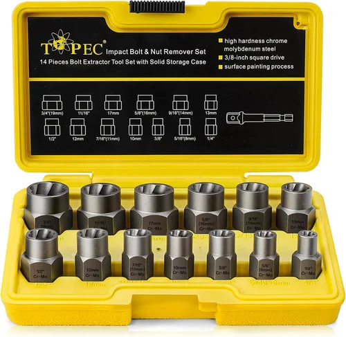 Miniatura 10 de Topec Juego de extractor de pernos de alta resistencia de 5 piezas, juego de extractor de impacto de 1/2 pulgada, kit de herramientas perfecto