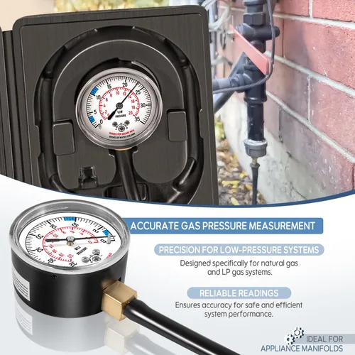 Miniatura 2 de Kit de prueba de presión de colector de gas natural o gas LP, medidor de gas natural, probador de presión de gas LP, 0-35" WC, 1/8" NPT, manguera