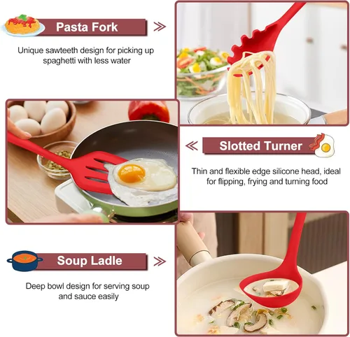 Miniatura 5 de TeamFar Utensilios de cocina, 7 piezas de utensilios de cocina de silicona para hornear, utensilios de cocina antiadherentes con cucharón, espátula