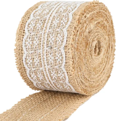 Miniatura 5 de jijAcraft Rollo de cinta de arpillera de yute natural, 2.4 pulgadas x 5.5 yardas, cinta de arpillera de encaje blanco rústico para manualidades