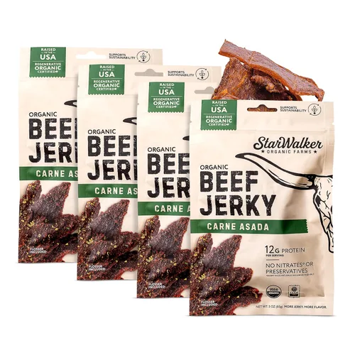 Miniatura 10 de StarWalker Organic Farms Carne Asada Beef Jerky – Certificada Orgánica, 36g de Proteína, Sin Nitratos ni Conservantes, Alimentada con Pasto, Bolsa