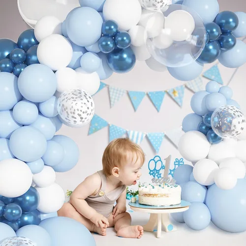 Miniatura 6 de Ouddy Party Juego de 149 guirnaldas de arco de globos azules y blancos de diferentes tamaños de 18, 12, 10 y 5 pulgadas, 6 globos plateados de Azul