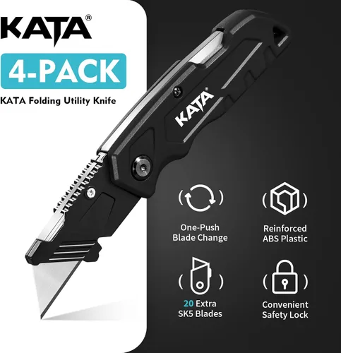 Miniatura 5 de KATA Cuchillos de corte de caja plegables: paquete de 4 cuchillos utilitarios resistentes para cajas de bolsillo – 20 hojas de afeitar adicionales