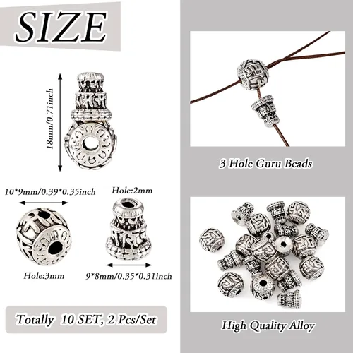 Miniatura 4 de Juego de 10 cuentas de plata tibetana de gurú de 3 agujeros, cuentas perforadas en T, cuentas de gurú budista, cuentas sueltas de metal, cuentas