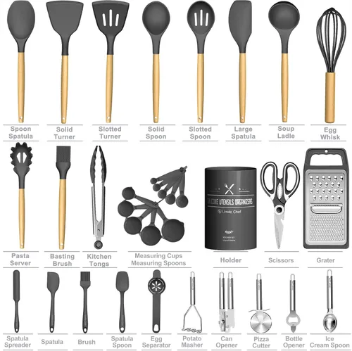 Miniatura 5 de Umite Chef Juego de Utensilios de Cocina de Silicona, 34 Piezas Gadgets y Herramientas de Cocina Resistentes al Calor con Rallador, Mangos de Madera