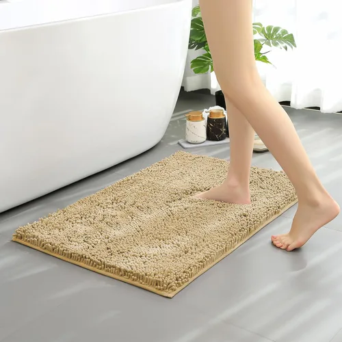Alfombras de baño de felpilla antideslizantes de 24 x 17 pulgadas, tapetes de baño para baño, ducha, color beige