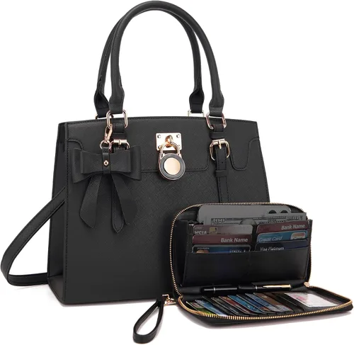 Qiyuer - Bolsos y carteras para mujer, juego de damas con asa superior, bolso de hombro, bolso de trabajo con cartera de embrague a juego, 2 piezas