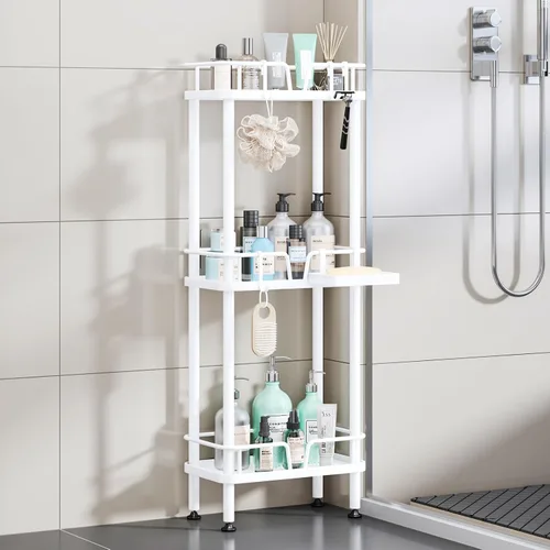 Miniatura 9 de HapiRm Organizador de ducha de esquina de pie, organizador de ducha de esquina de 3 niveles con soporte para jabón, estante de baño de acero