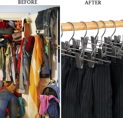Miniatura 7 de Paquete de 30 perchas de alambre de metal negro y gris para pantalones, faldas y pantalones con clips, 13.8 pulgadas, resistentes y duraderas