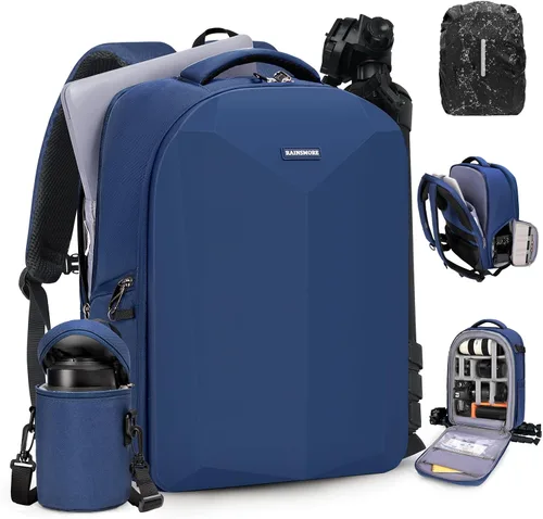 Miniatura 10 de RAINSMORE Mochila para cámara de carcasa dura para DSLR/SLR, bolsa impermeable para cámara con compartimento para laptop de 15.6 pulgadas, estuche