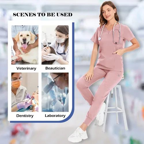 Miniatura 5 de niaahinn Conjunto de traje médico para mujer, moderno top con cuello en V y pantalones deportivos de pierna cónica con cordón, conjunto de uniformes