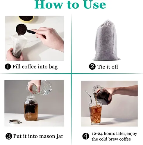 Miniatura 2 de Yzurbu 100 piezas bolsas para café en frío, 6'' x 8'' bolsa de filtro desechable sin desorden con cordón para café molido y té helado