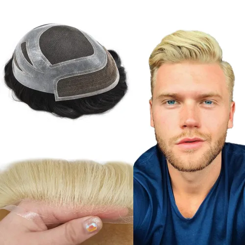 Miniatura 15 de Toupee For Men Human Hair Men's Toupee Hair Replacement System For Men Fine Mono Hair Piece For Men Poly Mens Hair System 8X10 Medium light density