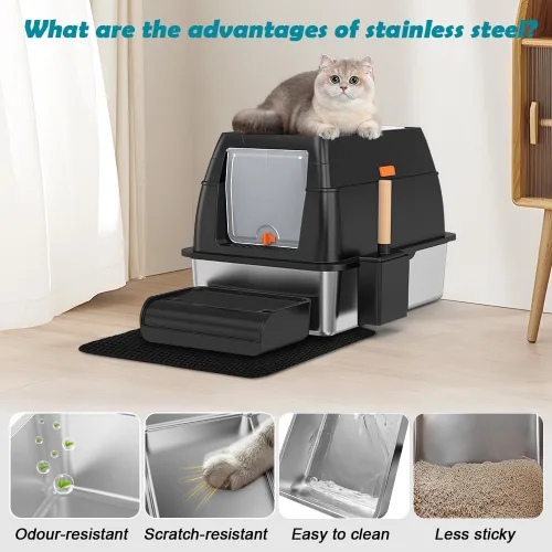 Miniatura 3 de SZEE Caja de Arena de Acero Inoxidable, Caja de Arena para Gatos de Metal Cerrada XL con Salida Superior con Tapa y Recinto, Control de Olores