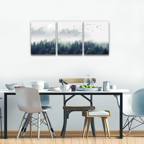 Miniatura 9 de Lienzo decorativo de 3 piezas para decoración de pared de sala de estar, dormitorio, oficina, decoración de pared, árboles de bosque brumoso, El