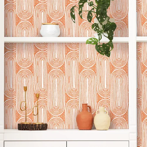 Miniatura 5 de Livelynine Papel tapiz despegar y pegar de 17.5 x 276 pulgadas, naranja funky y blanco, bohemio chic, geométrico, moderno de mediados de siglo