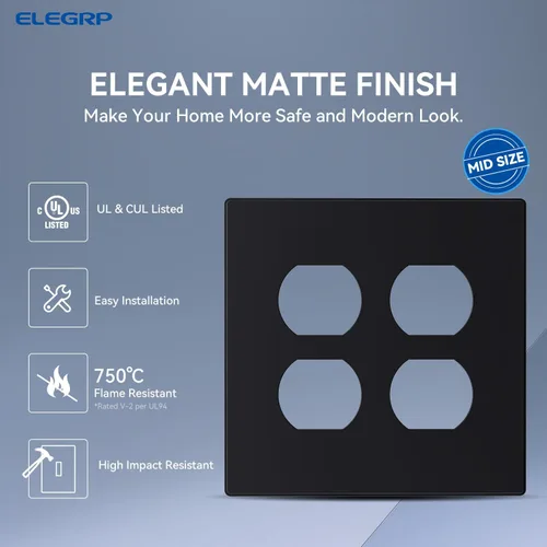 Miniatura 2 de ELEGRP Placas de pared dúplex sin tornillos de 2 segmentos, cubierta frontal termoplástica irrompible de tamaño mediano para toma de corriente Mate