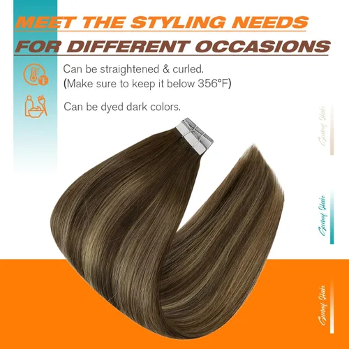 Miniatura 4 de Sunny - Extensiones de cabello humano balayage de 16 pulgadas, sin costuras, color marrón oscuro #4 que se desvanece a rubio caramelo #27 con cinta