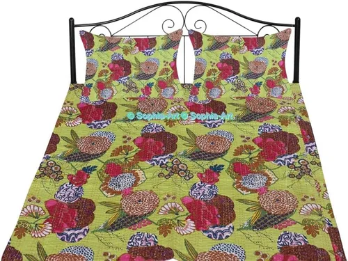 Miniatura 43 de Sophia-Art Colcha reversible de frutas indias para cama individual/king con patrón Gudri de algodón puro estilo Kantha, colcha decorativa con Rosa