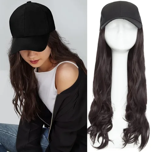 Miniatura 24 de S-noilite Peluca de gorra de béisbol de 6 pulgadas con peinado Bob y extensiones de cabello, gorra de béisbol recta ajustable para mujer