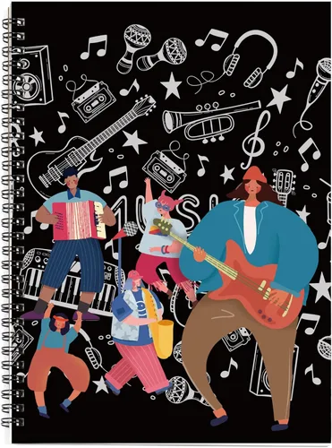 Miniatura 13 de Cuaderno con hojas en blanco para música, composición, manuscrito, con diseño de teclado de piano, 50 hojas, 26 x 19 cm., negro (Black Piano)
