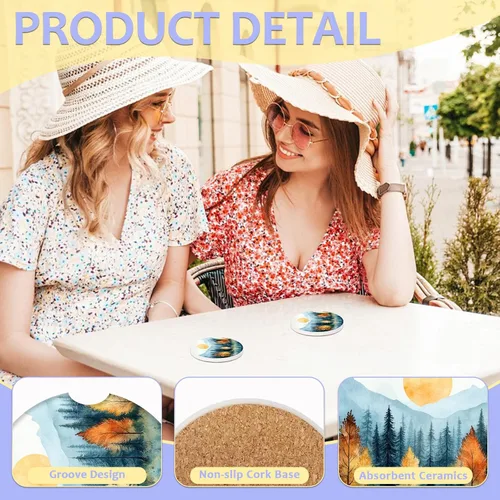 Miniatura 3 de Paquete de 2 posavasos para automóvil, posavasos abstractos de cerámica absorbente de bosque de montaña, posavasos para portavasos de automóvil