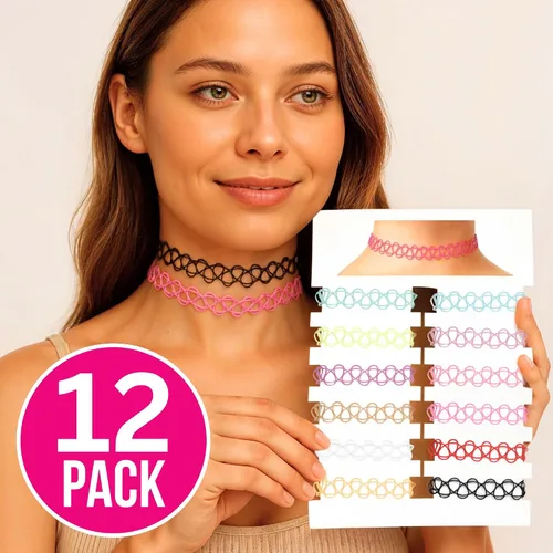 Miniatura 2 de BodyJ4You Juego de 12 gargantillas elásticas estilo tatuaje, accesorios y joyería de los años 90 y 2000, rosado, azul, verde, colorido, arcoíris