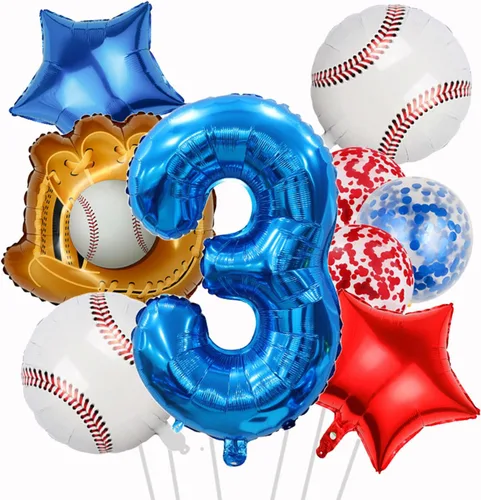 Miniatura 21 de Globos de béisbol de papel de aluminio para decoración de cumpleaños, globos con el número 7, globos de confeti de estrella roja y azul para Béisbol