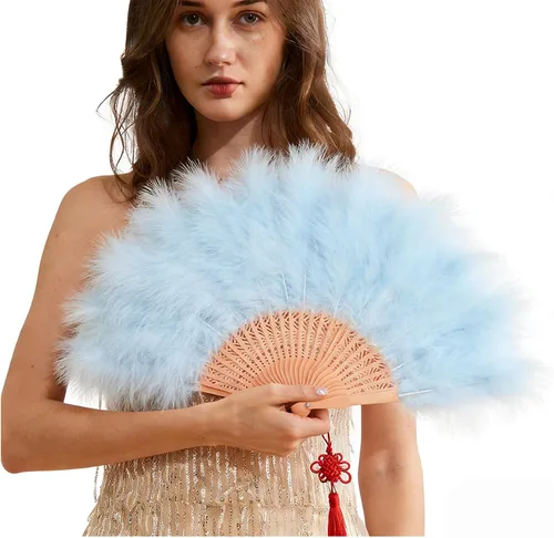 Miniatura 12 de Happy Feather Abanico de mano con plumas de marabú, estilo vintage de los años 1920, para disfraz y baile - Azul Ácido