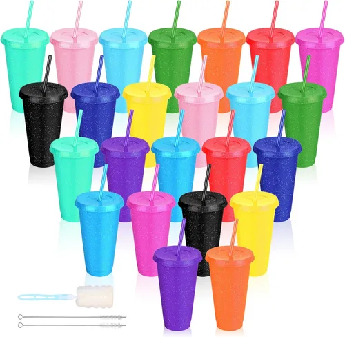 Miniatura 16 de Paquete de 24 vasos de plástico con tapas y popotes, vasos reutilizables con tapas y popotes, vasos coloridos para bebidas frías y café helado