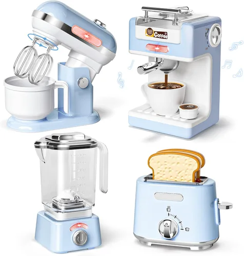 Juego de juguetes de cocina para niños, 7 piezas sin BPA, aparatos de juego de simulación con sonido ligero, cafetera, batidora, batidora, tostadora