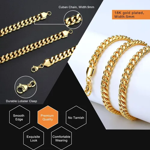 Miniatura 5 de 18K Real Gold Plated Silver Black Chain Necklace and Bracelets for Men Gifts Necklace and Bracelet Set for Men Bracelets for Men Cuban Chain for Men
