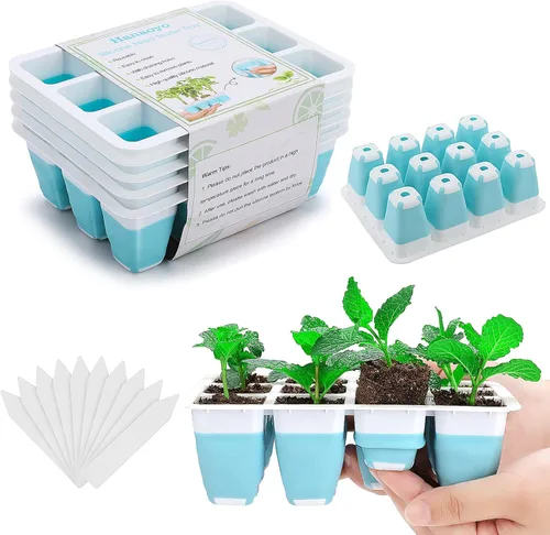 Hanaoyo 5 bandejas reutilizables para iniciación de semillas, kit de inicio de semillas de 60 celdas con células flexibles emergentes, bandejas de