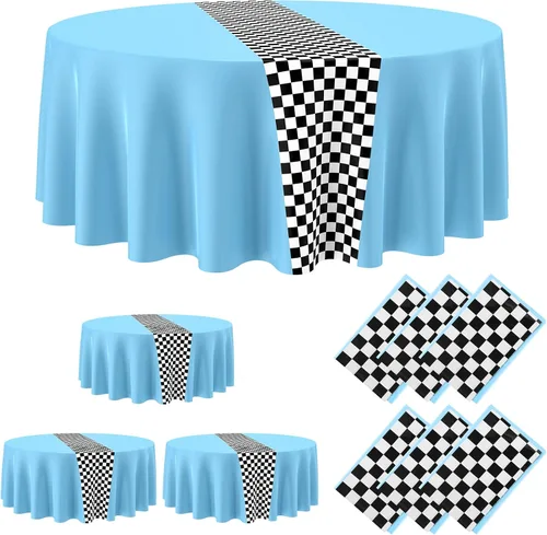 Miniatura 17 de Oudain 3 piezas de suministros para fiesta de cumpleaños de autos, decoraciones para fiestas de carreras, mantel redondo de carreras con bandera a