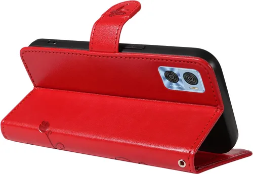 Miniatura 4 de Funda para Motorola Moto E22/E22i, piel sintética, con tarjetero y correa para la muñeca, a prueba de golpes, funda magnética para Motorola Moto Rojo