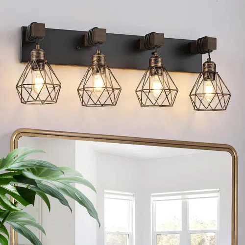 Miniatura 21 de Lámparas blancas para tocador de baño, luminarias de baño de madera de 2 luces sobre el espejo, apliques rústicos de pared con elegante pantalla