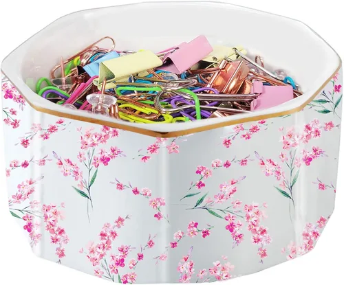 Miniatura 13 de Portaclips de Cerámica con Línea Dorada Dispensador Organizador de Clips para Escritorio Lindo Patrón de Mármol Terrazo Portaclips de Oficina