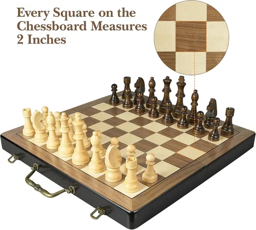 Miniatura 5 de Juego de ajedrez de madera de 18.5 pulgadas con asa, juegos de ajedrez para adultos y niños, juegos de mesa plegables portátiles con tamaño King