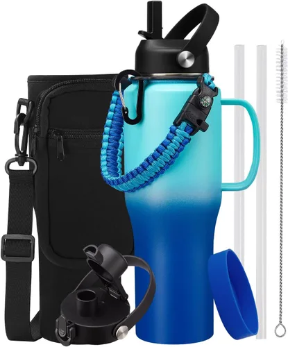 Miniatura 8 de Botella de agua aislada de 40 onzas con pajita que cabe en el portavasos del automóvil - Botella de agua de metal con pajita, tapa de boquilla