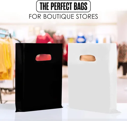 Miniatura 5 de Houseables Bolsas de compras de plástico para mercancías, bolsa al por menor, 16"x18", paquete de 100, 1.75 mil de grosor, blanco y negro, asas