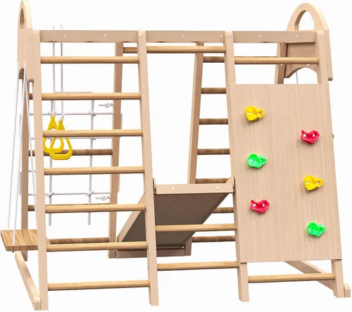 Miniatura 5 de Juego de gimnasio 7 en 1 para interiores, escalador Montessori con tobogán, pared de escalada, escalador de pared de cuerda, barras de mono