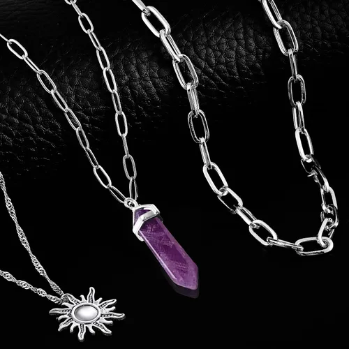 Miniatura 3 de MJartoria Collar de pentagrama de luna, collar de chakra de cristal, colgante, con dije, cadena de aleación multicapa, conjunto de gargantilla